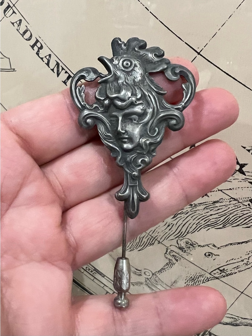 Ornate Vintage Style Art Nouveau Silver-Tone Stick Pin, Goddess & Bird Motif